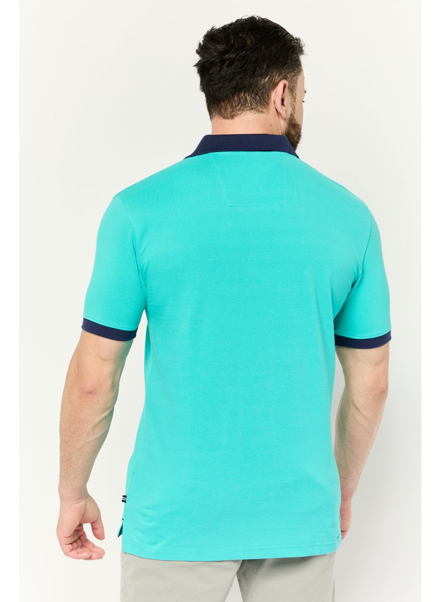 Men Regular Fit Embroidered Logo Short Sleeve Polo Shirts, Aqua Blue/Navy