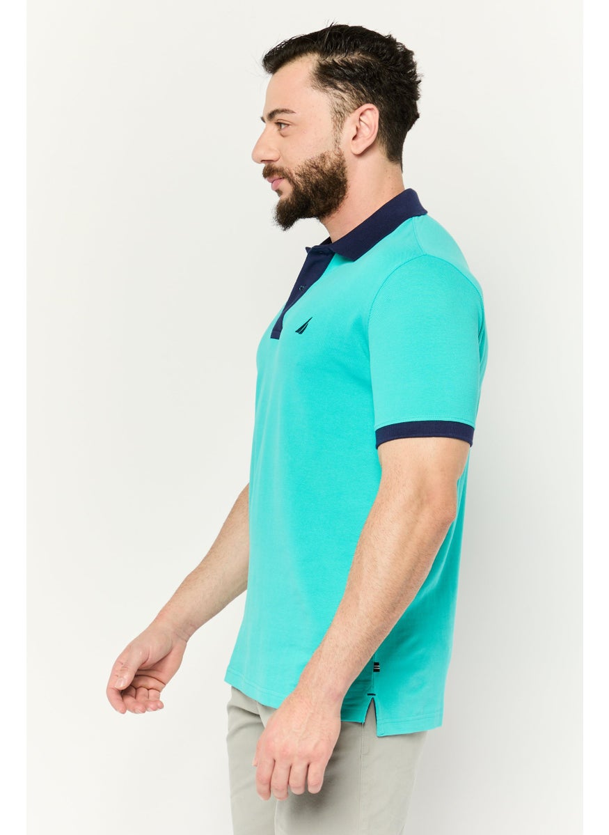 Men Regular Fit Embroidered Logo Short Sleeve Polo Shirts, Aqua Blue/Navy