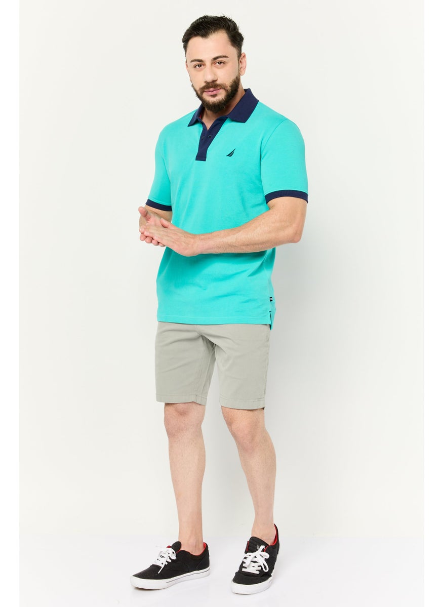 Men Regular Fit Embroidered Logo Short Sleeve Polo Shirts, Aqua Blue/Navy