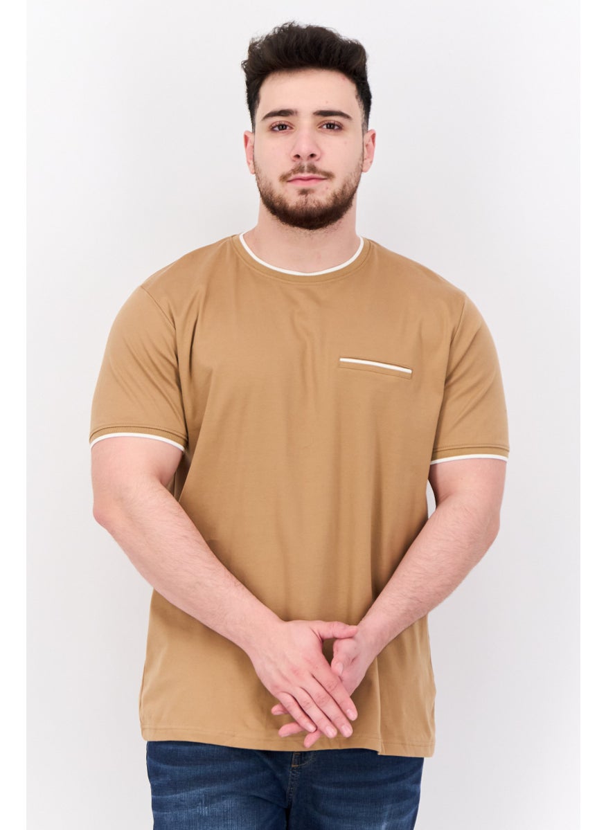 Men Crew Neck Short Sleeves Plain T-Shirt, Brown