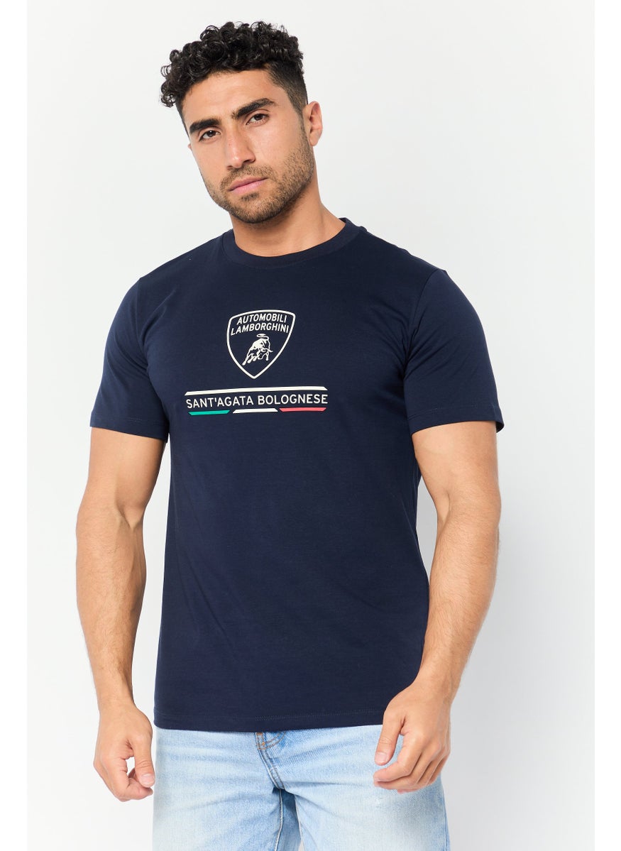 Men Crew Neck Short Sleeves Brand Logo T-Shirt, Navy