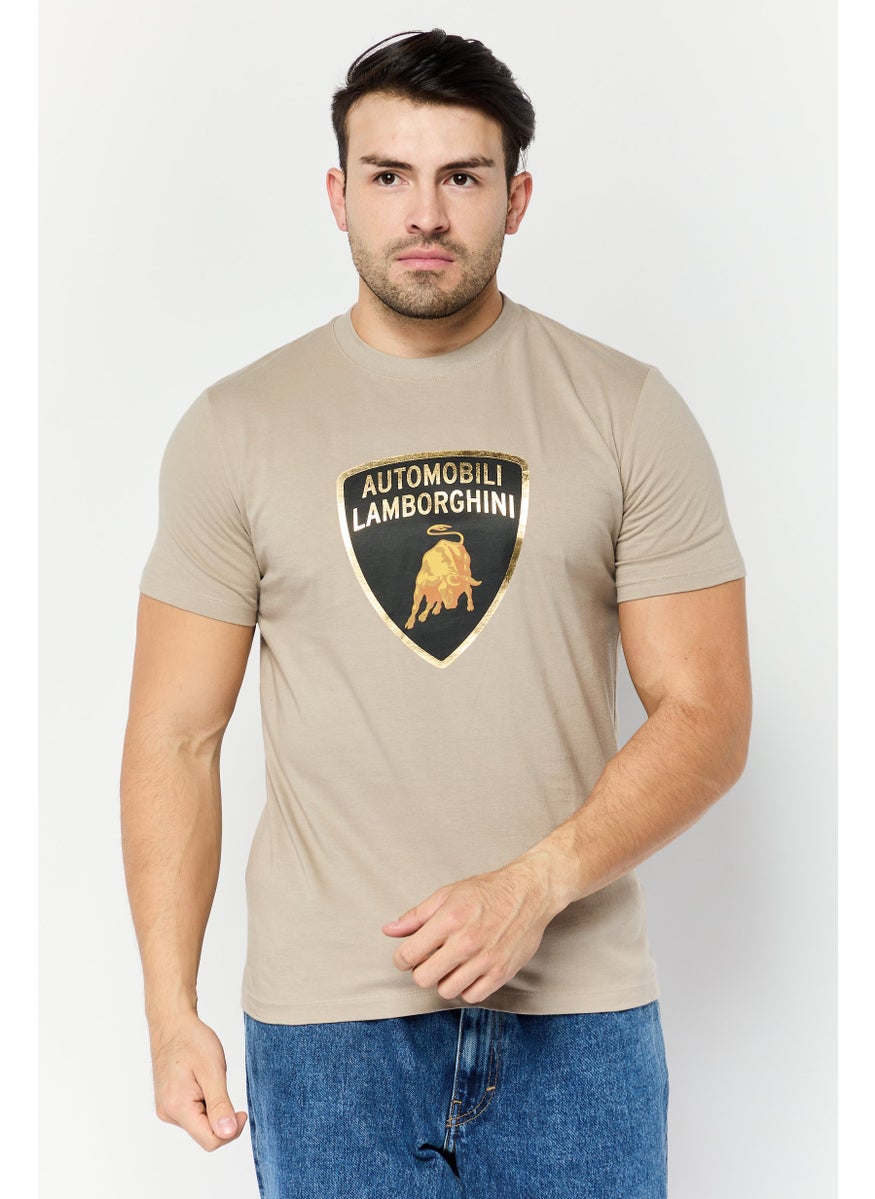 Men Crew Neck Short Sleeve Brand Logo T-Shirt, Taupe