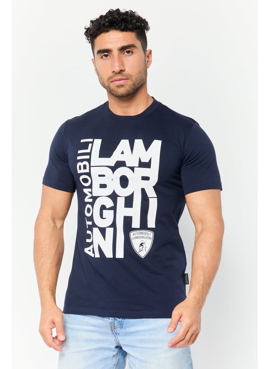 Men Crew Neck Short Sleeves Brand Logo T-Shirt, Navy