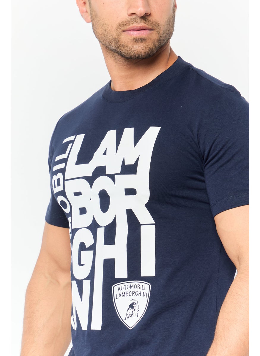 Men Crew Neck Short Sleeves Brand Logo T-Shirt, Navy