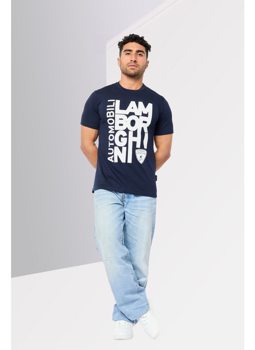 Men Crew Neck Short Sleeves Brand Logo T-Shirt, Navy