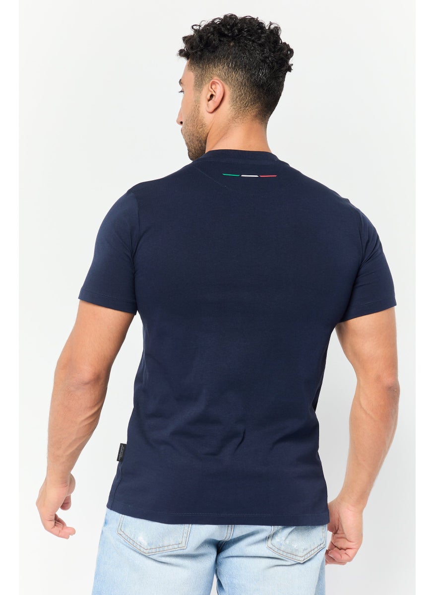 Men Crew Neck Short Sleeves Brand Logo T-Shirt, Navy