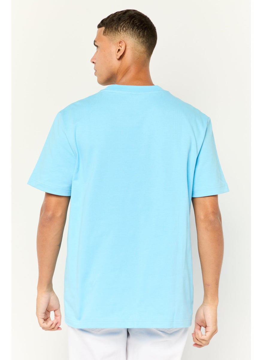 Men Ribbed Collar Shorts Sleeve Brand Logo T-Shirt, Blue