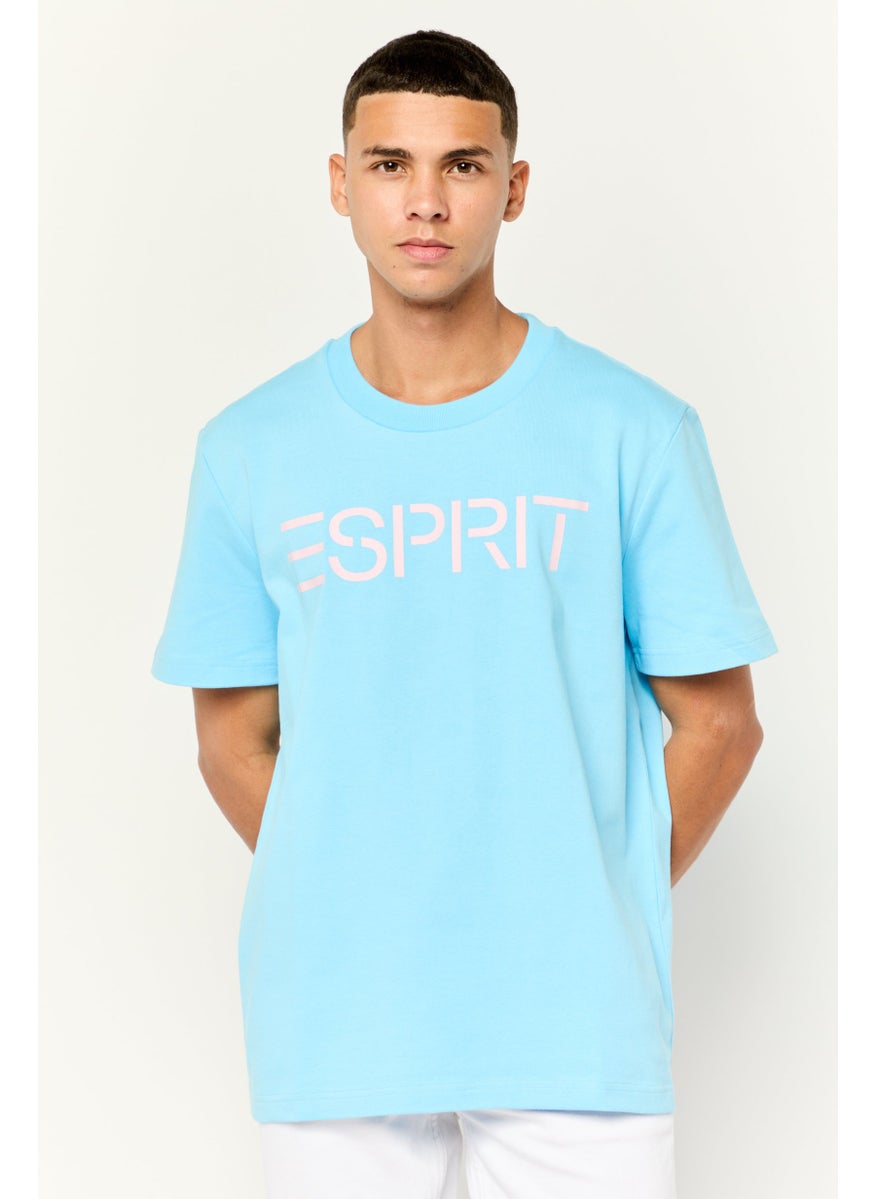 Men Ribbed Collar Shorts Sleeve Brand Logo T-Shirt, Blue