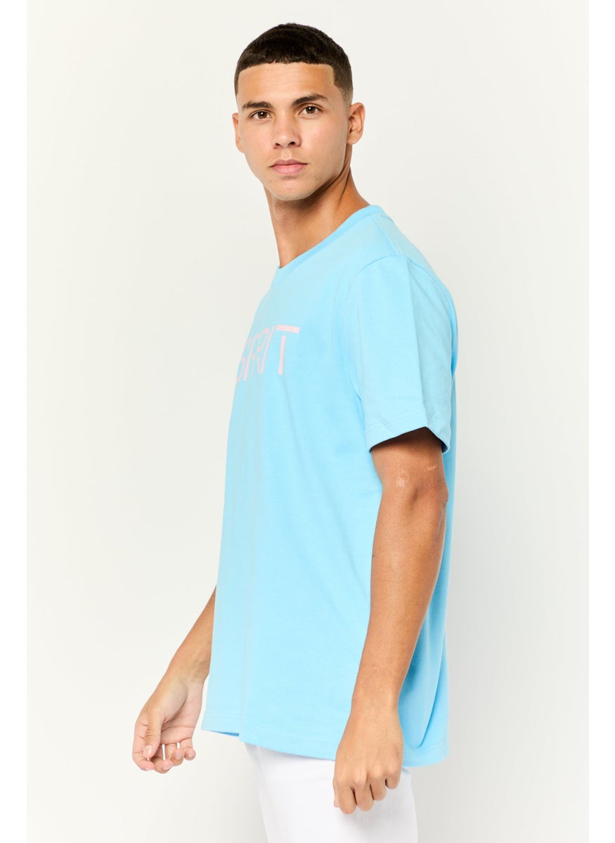 Men Ribbed Collar Shorts Sleeve Brand Logo T-Shirt, Blue