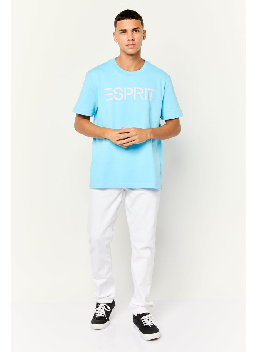 Men Ribbed Collar Shorts Sleeve Brand Logo T-Shirt, Blue