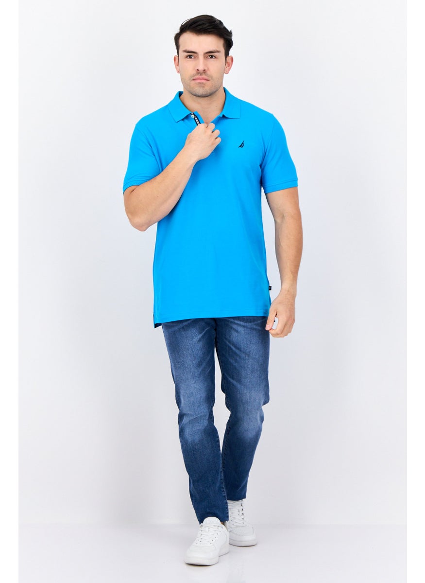 Men Slim Fit Short Sleeves Brand Logo Polo Shirts, Turquoise Blue