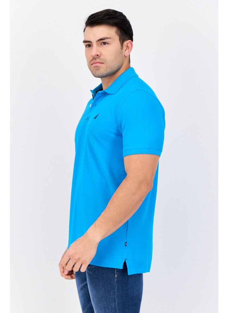 Men Slim Fit Short Sleeves Brand Logo Polo Shirts, Turquoise Blue