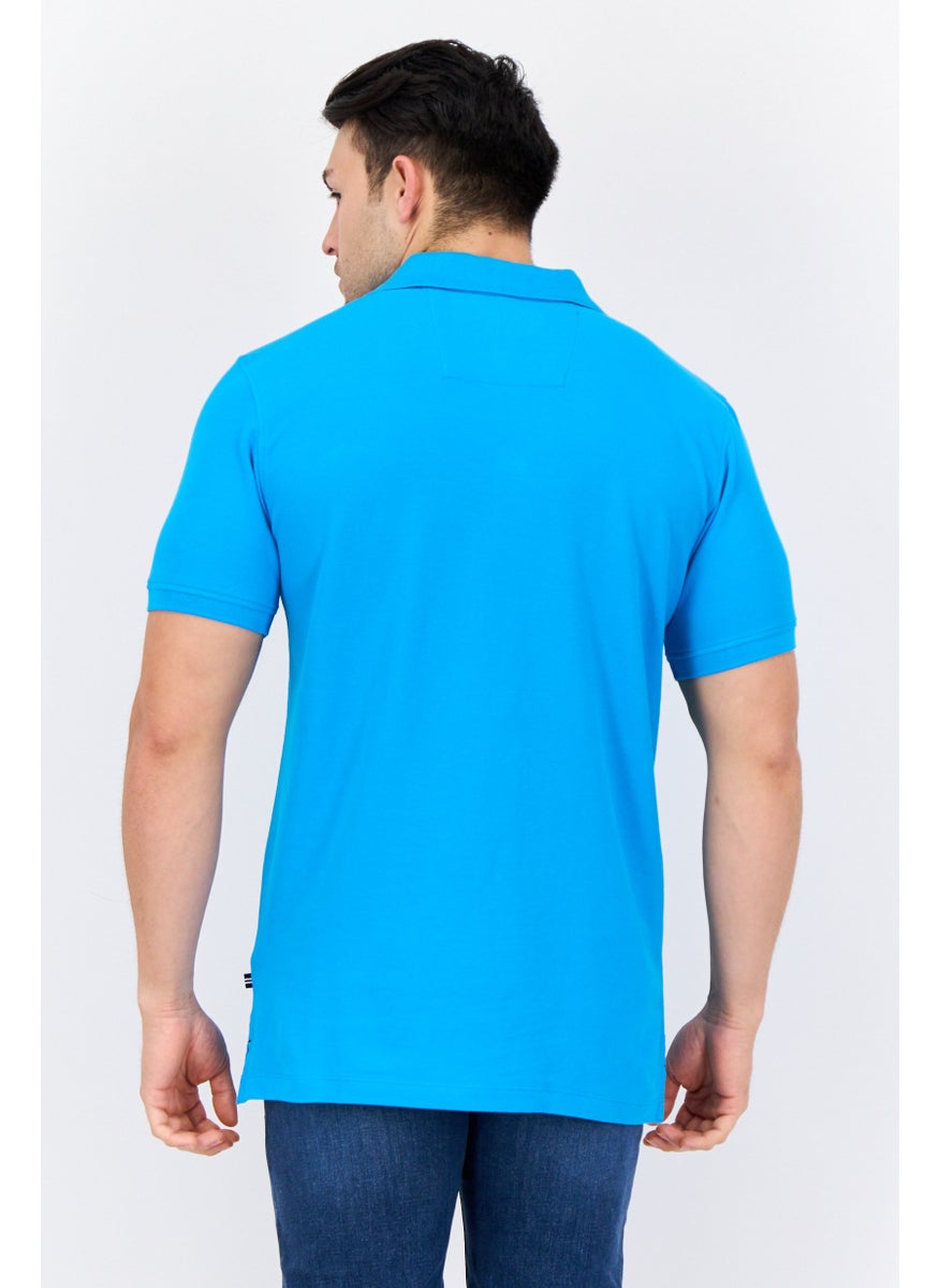 Men Slim Fit Short Sleeves Brand Logo Polo Shirts, Turquoise Blue