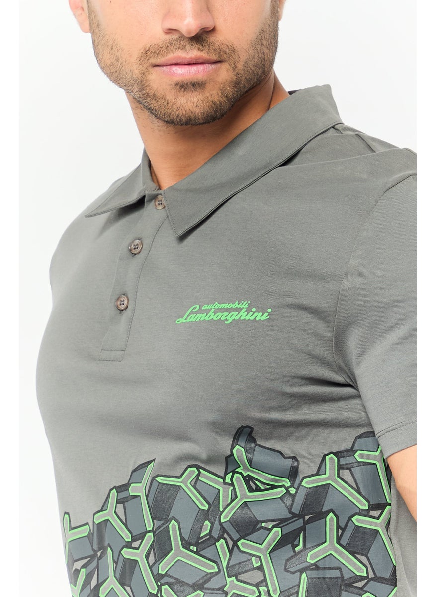 Men Regular Fit Graphic Print Short Sleeve Polo Shirts, Grey