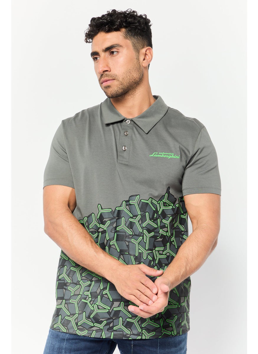 Men Regular Fit Graphic Print Short Sleeve Polo Shirts, Grey