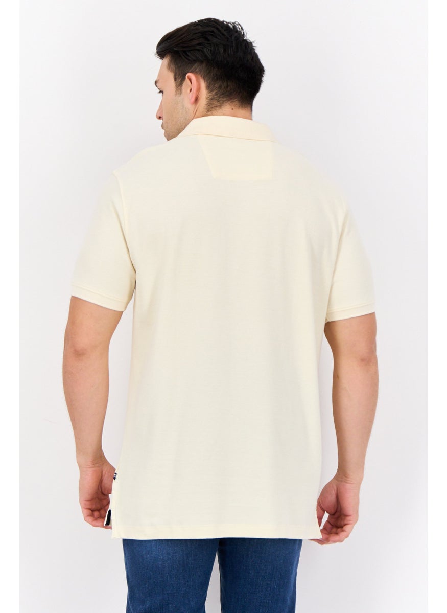 Men Slim Fit Embroidered Logo Short Sleeves Polo, Cream