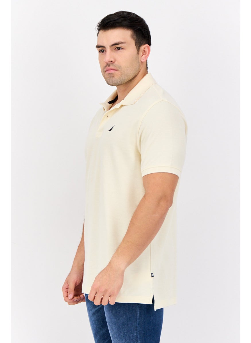 Men Slim Fit Embroidered Logo Short Sleeves Polo, Cream