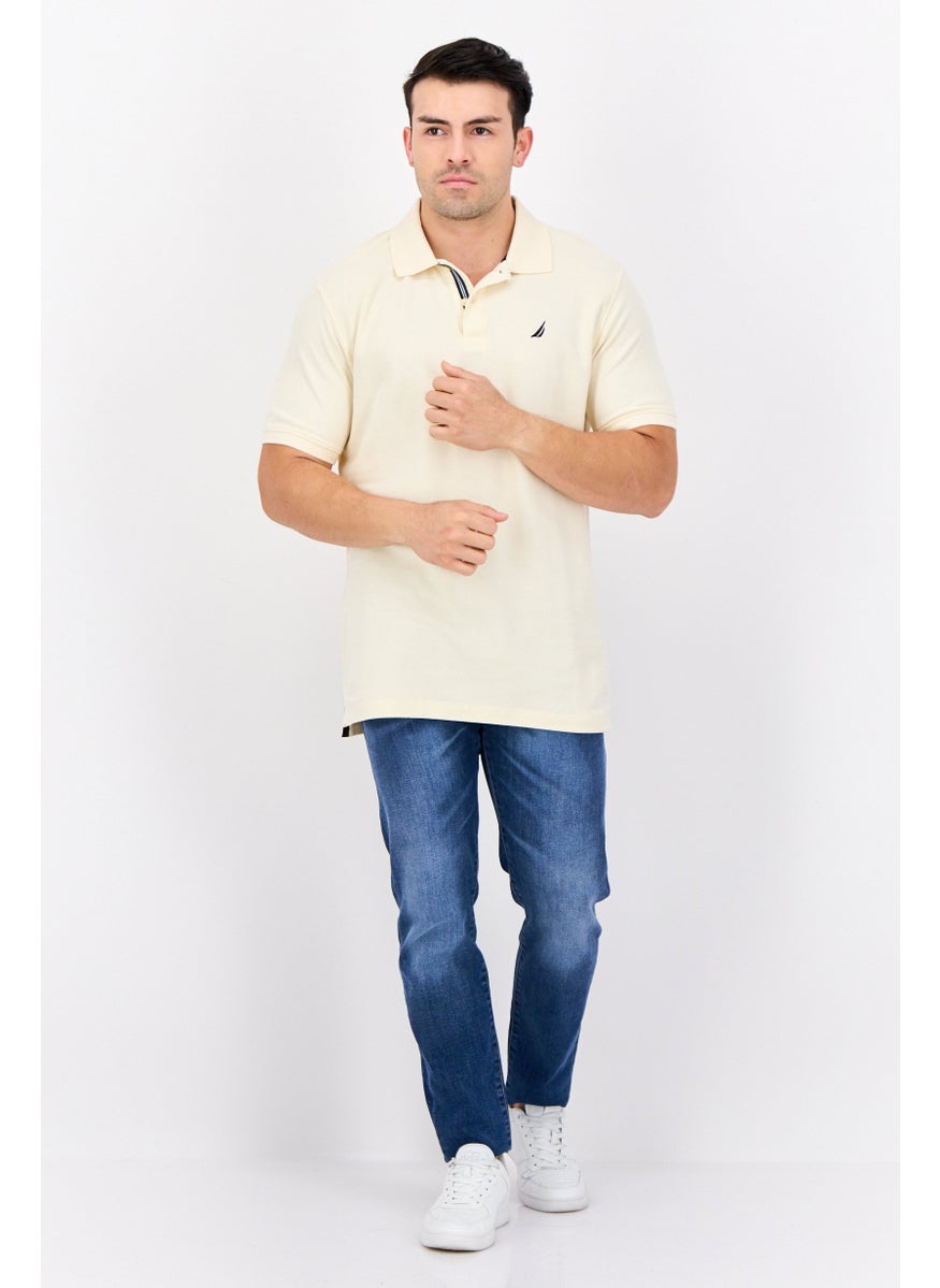 Men Slim Fit Embroidered Logo Short Sleeves Polo, Cream