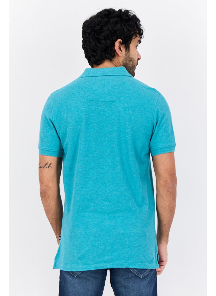 Men Slim Fit Embroidered Logo Short Sleeves Polo Shirt, Teal Green