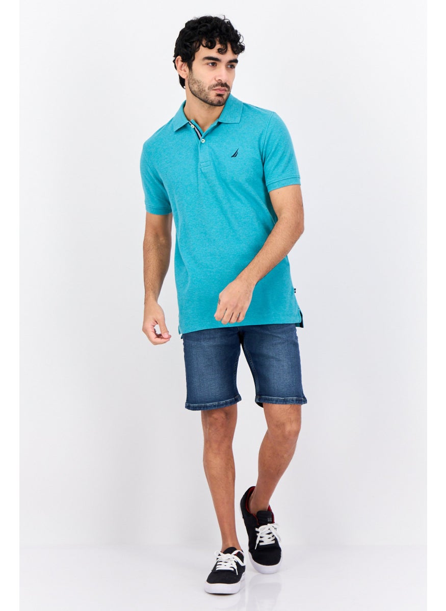 Men Slim Fit Embroidered Logo Short Sleeves Polo Shirt, Teal Green