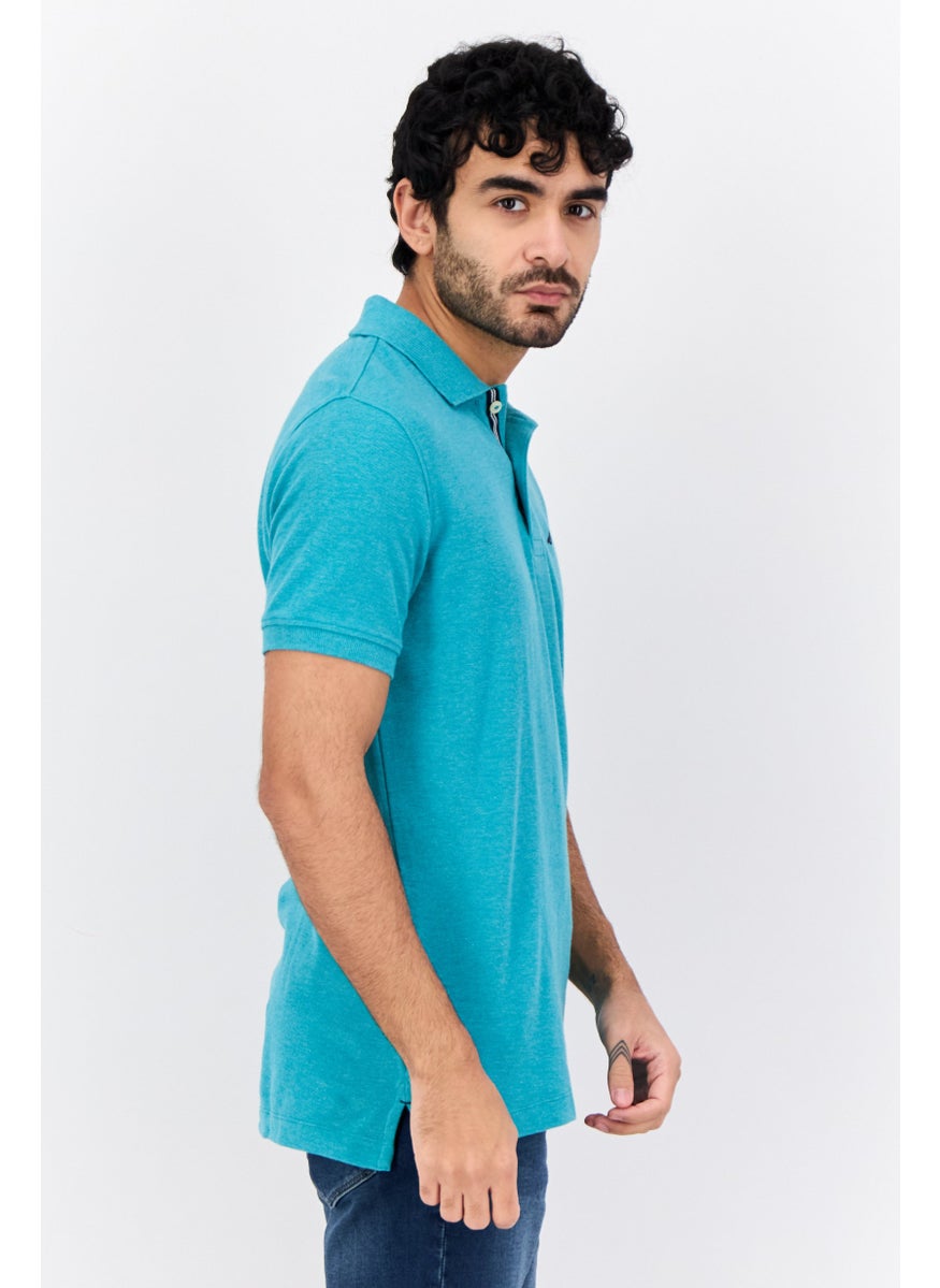 Men Slim Fit Embroidered Logo Short Sleeves Polo Shirt, Teal Green