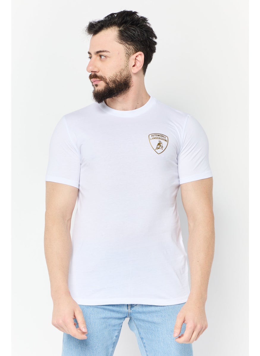 Men Crew Neck Short Sleeves Brand Logo T-Shirt, White