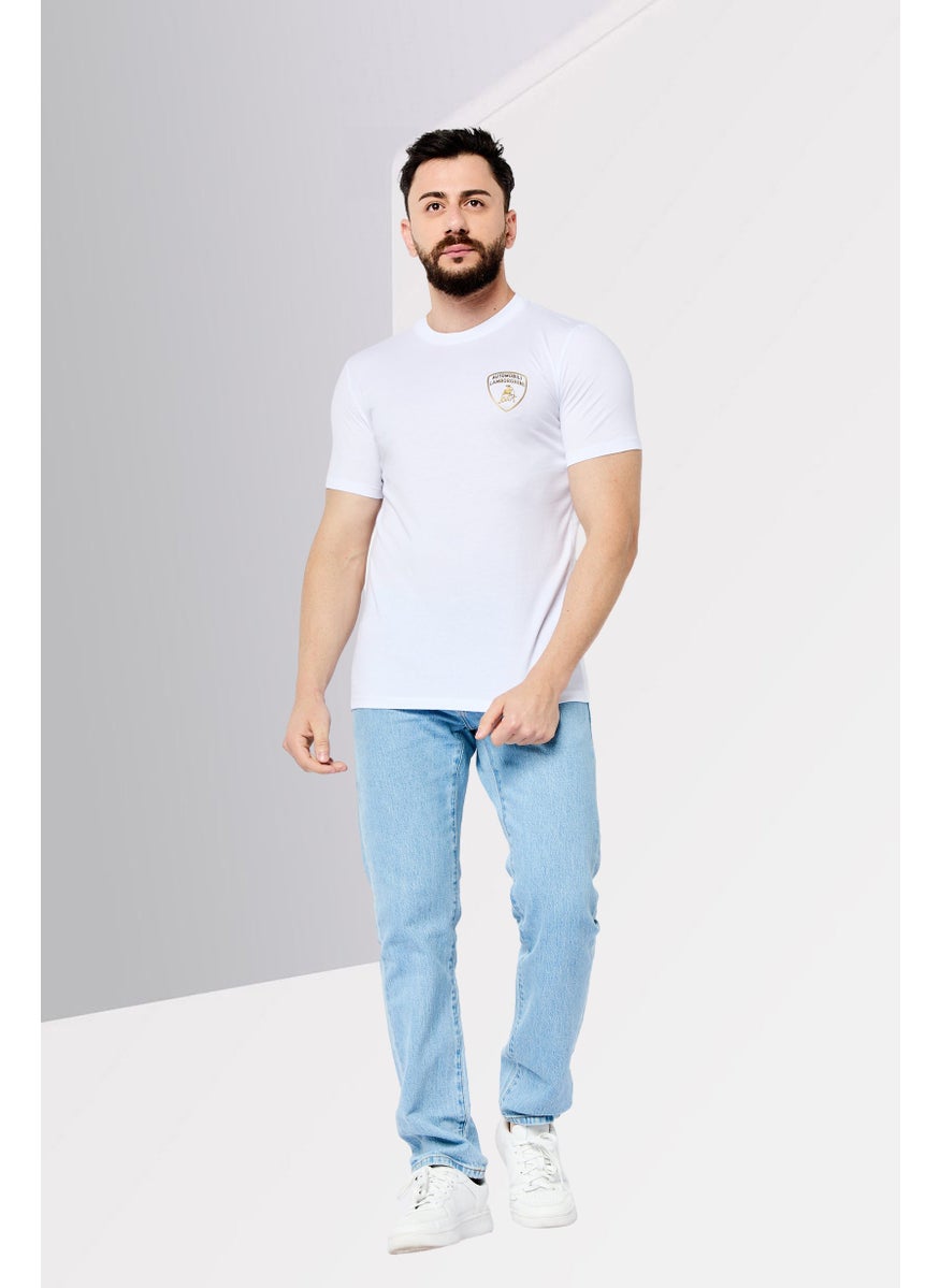 Men Crew Neck Short Sleeves Brand Logo T-Shirt, White