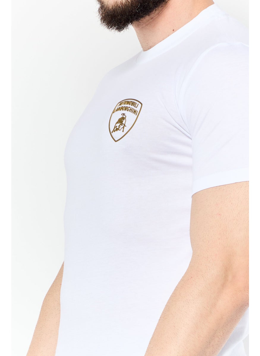 Men Crew Neck Short Sleeves Brand Logo T-Shirt, White