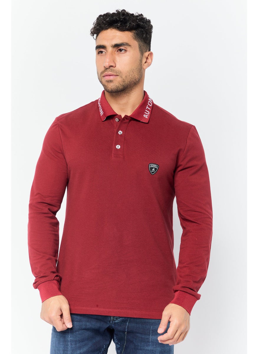 Men Regular Fit Brand Logo Long Sleeves Polo Shirt, Maroon