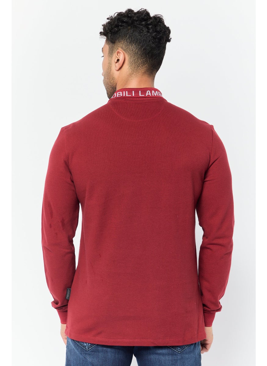Men Regular Fit Brand Logo Long Sleeves Polo Shirt, Maroon