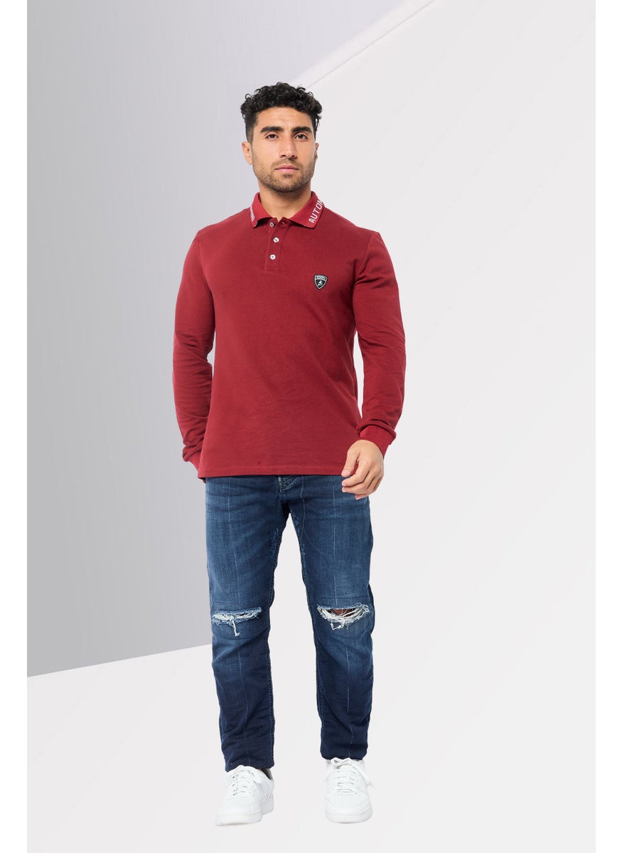 Men Regular Fit Brand Logo Long Sleeves Polo Shirt, Maroon