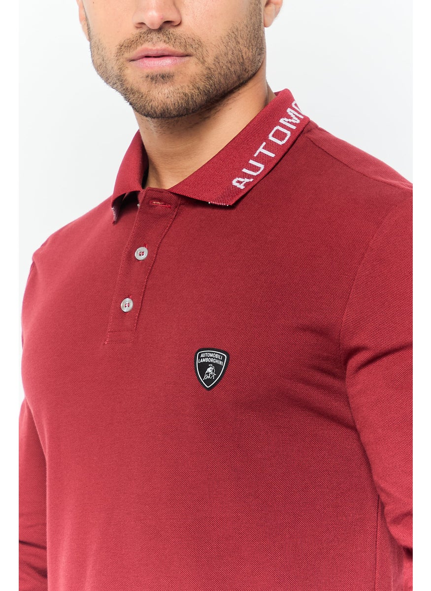 Men Regular Fit Brand Logo Long Sleeves Polo Shirt, Maroon