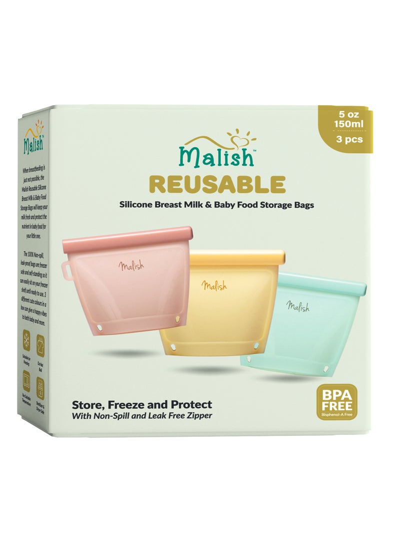 REUSABLE MILK BAG Silicone Breast Milk Baby Food Storage Bag ( 5oz, 3pcs)