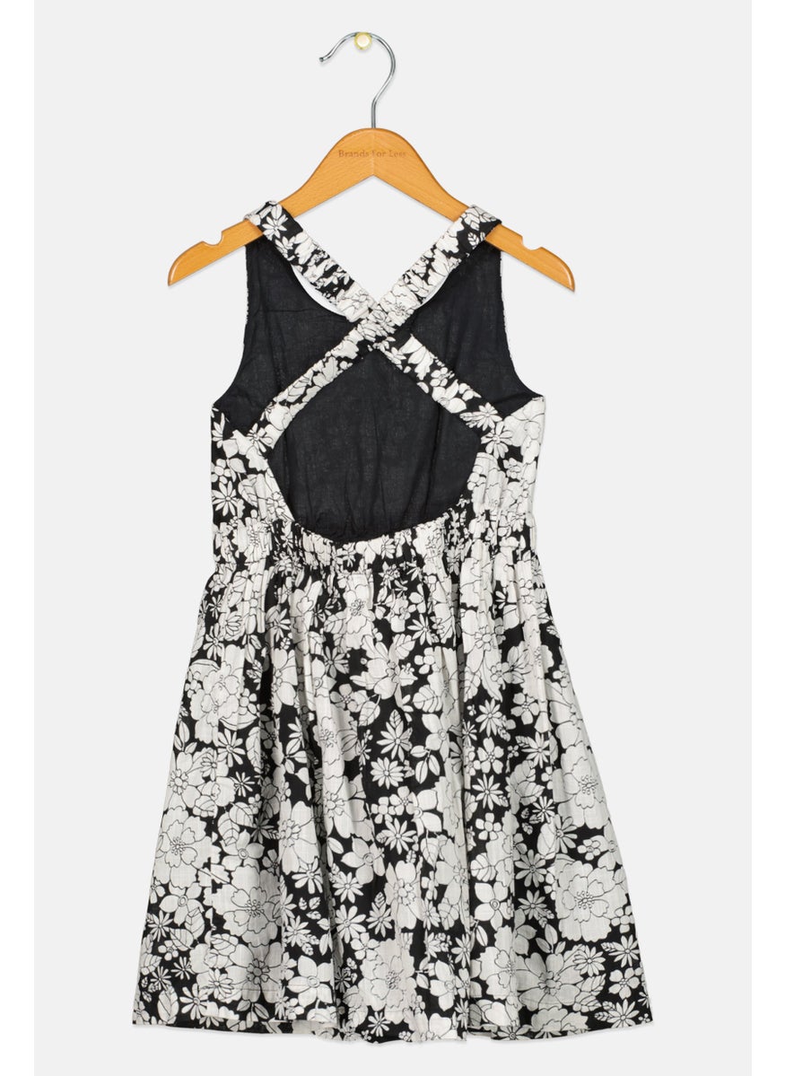 Kids Girl Floral Print Dress, Black/White