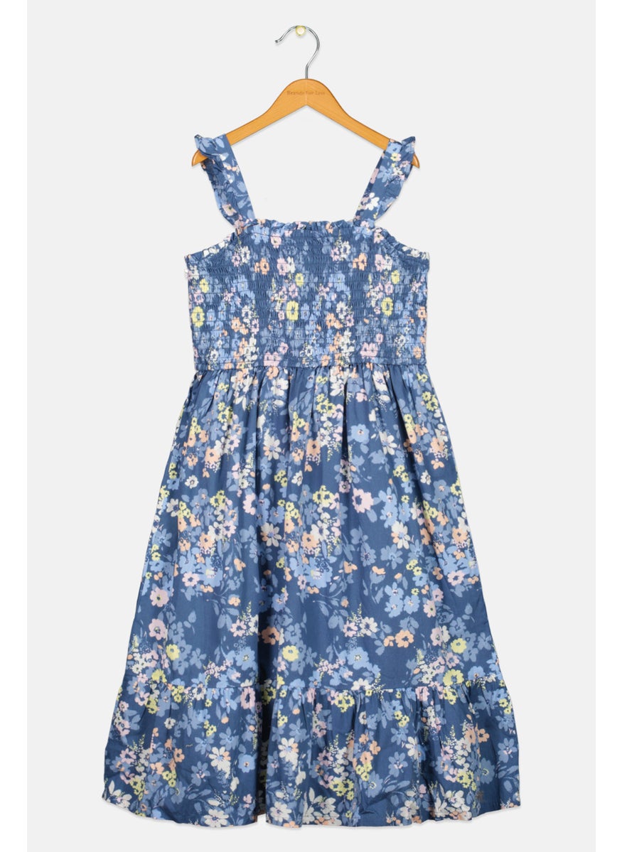 Kids Girl Floral Print Dress, Slate Blue