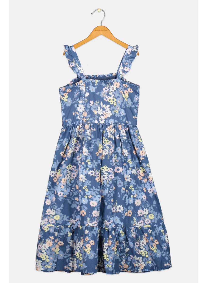 Kids Girl Floral Print Dress, Slate Blue