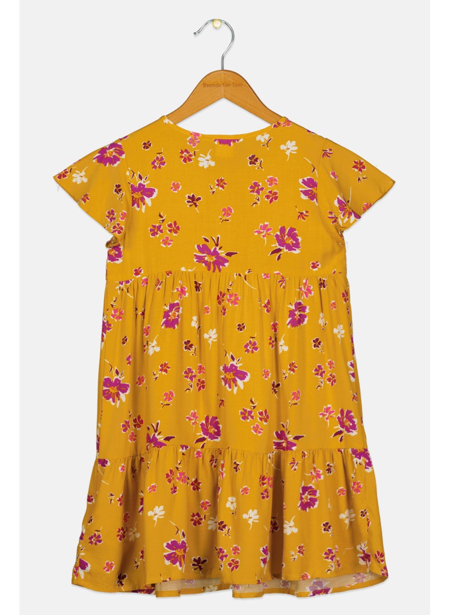 Kids Girl Floral Print Dress, Mustard
