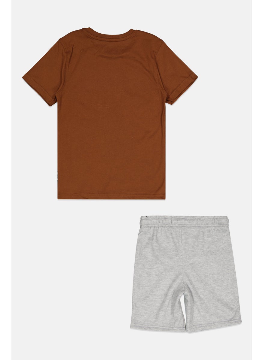 Toddlers Boy 2 Piece Graphic Print T-Shirt And Shorts Set, Brown/Grey