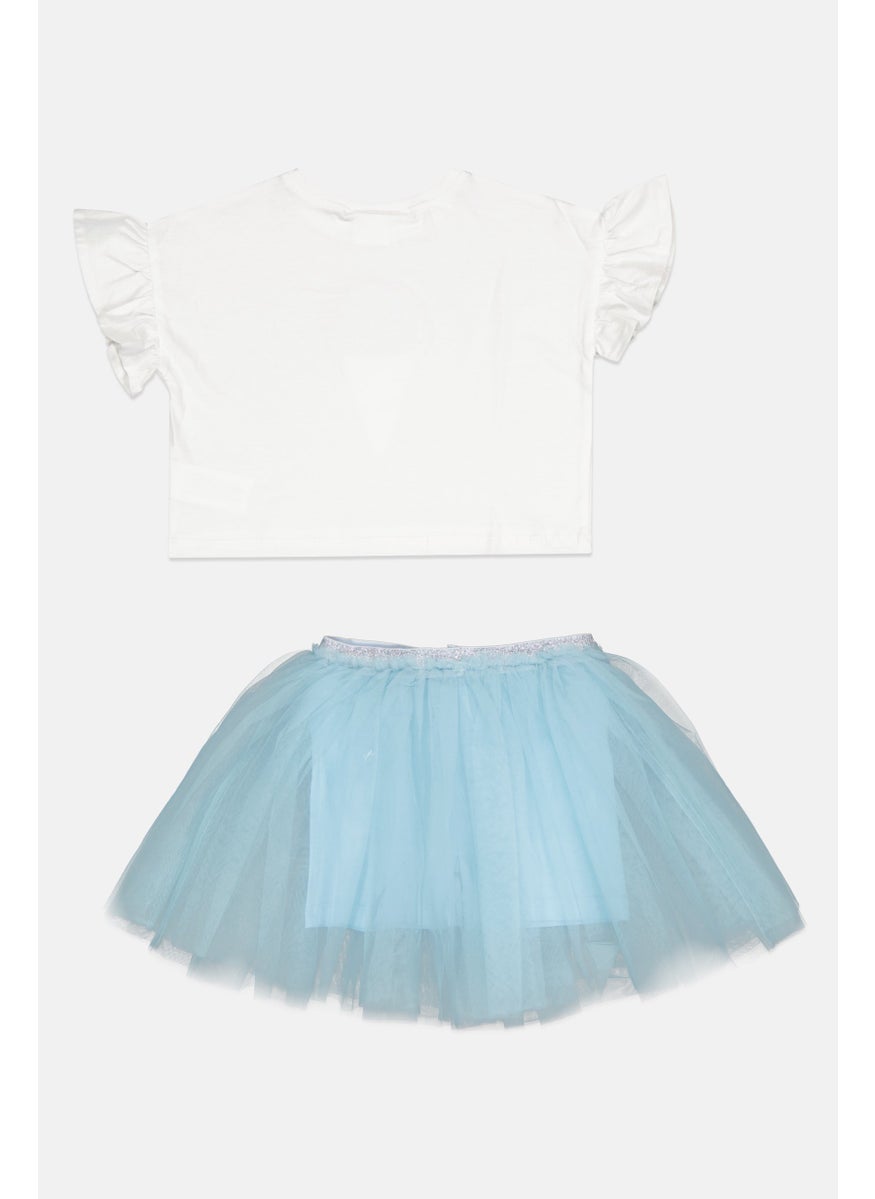Kids Girl 2 Pieces Graphic Print T-Shirt And Tutu Set, White/Light Blue