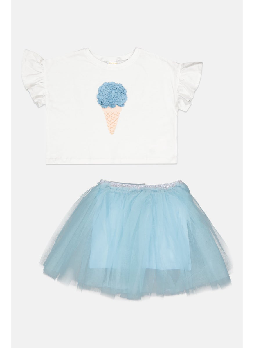 Kids Girl 2 Pieces Graphic Print T-Shirt And Tutu Set, White/Light Blue