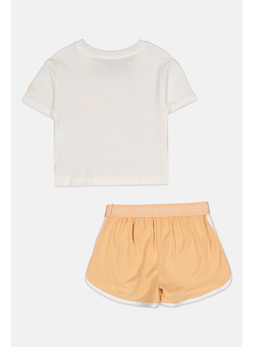 Toddlers Girl 2 Pieces Brand Logo T-Shirt and Short Set, White/Peach