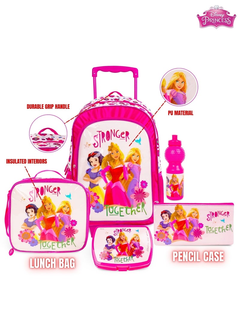 Princess 5-in-1 Trolley School Bag Set - Ergonomic Backpack, Water Bottle, Lunch Box, Insulated Bag & Pencil Case, Lightweight & Durable, for Girls 6+, Perfect for School & Travel