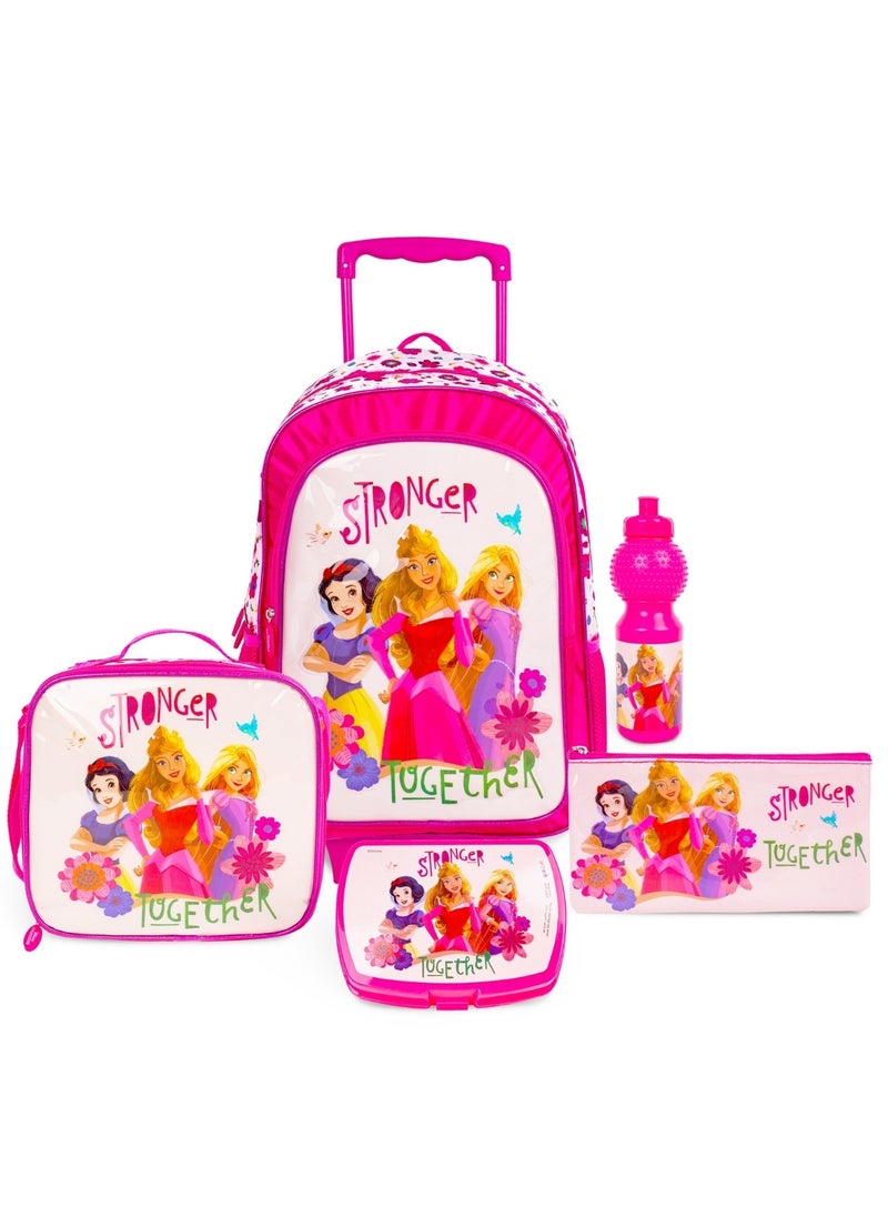 Princess 5-in-1 Trolley School Bag Set - Ergonomic Backpack, Water Bottle, Lunch Box, Insulated Bag & Pencil Case, Lightweight & Durable, for Girls 6+, Perfect for School & Travel