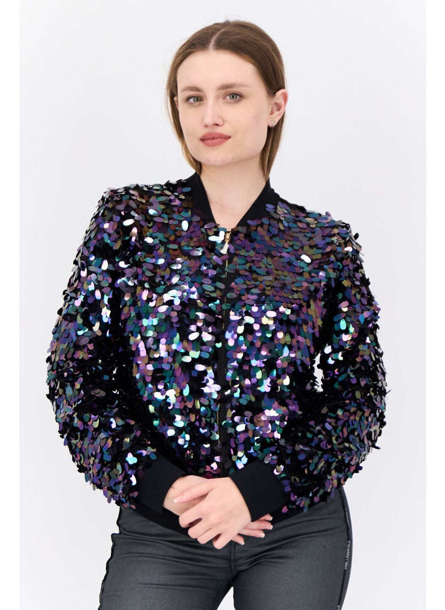 Women Band Neck Sequin Long Sleeves Sweatshirt, Black