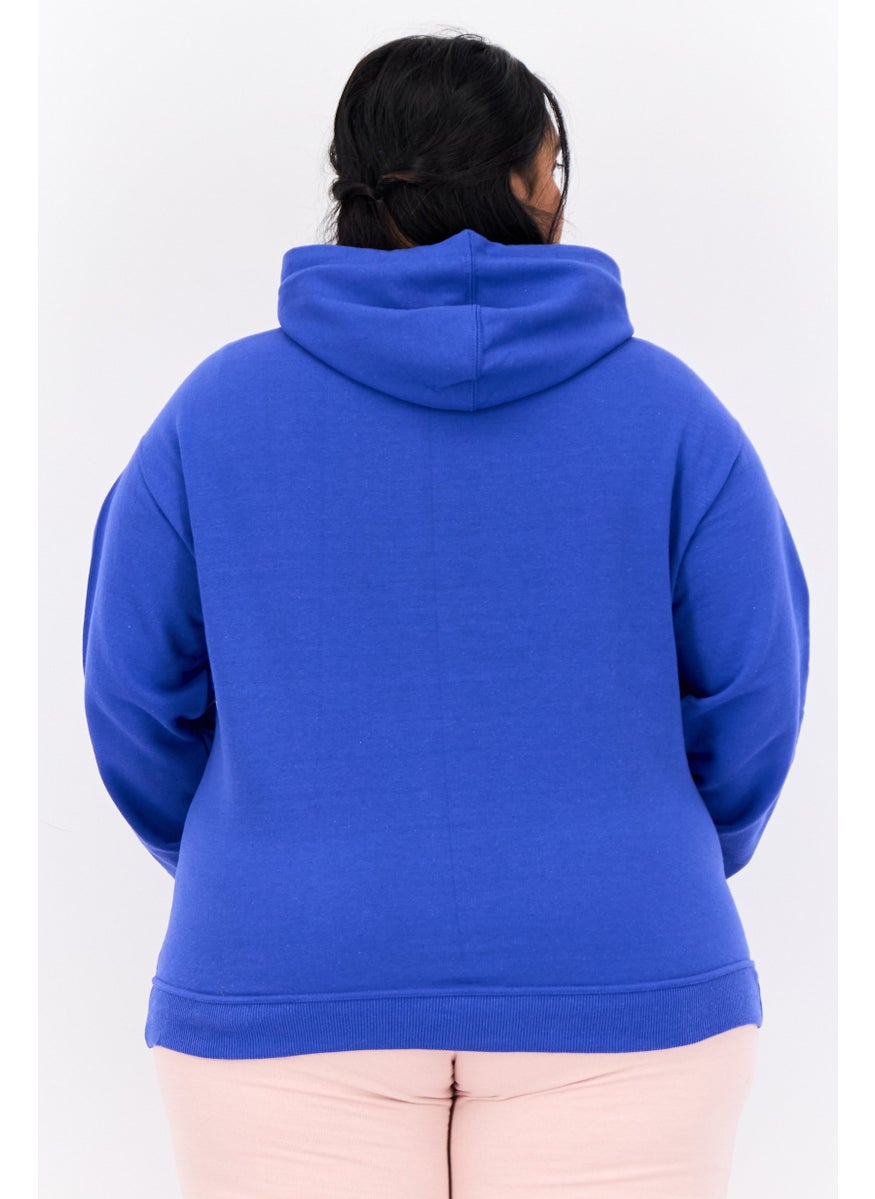 Women Plus Size Long Sleeves Outdoor Hooded Sweatshirt, Teal Blue
