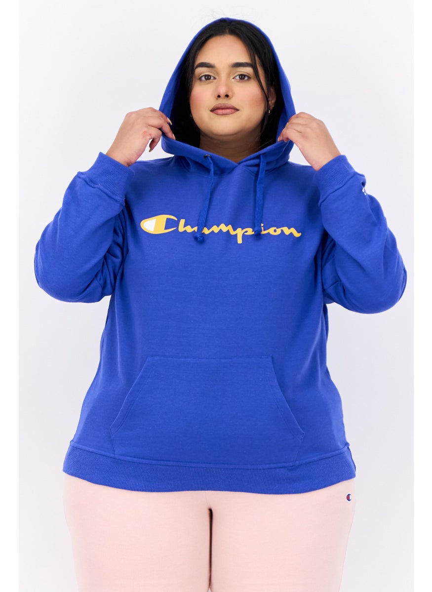 Women Plus Size Long Sleeves Outdoor Hooded Sweatshirt, Teal Blue