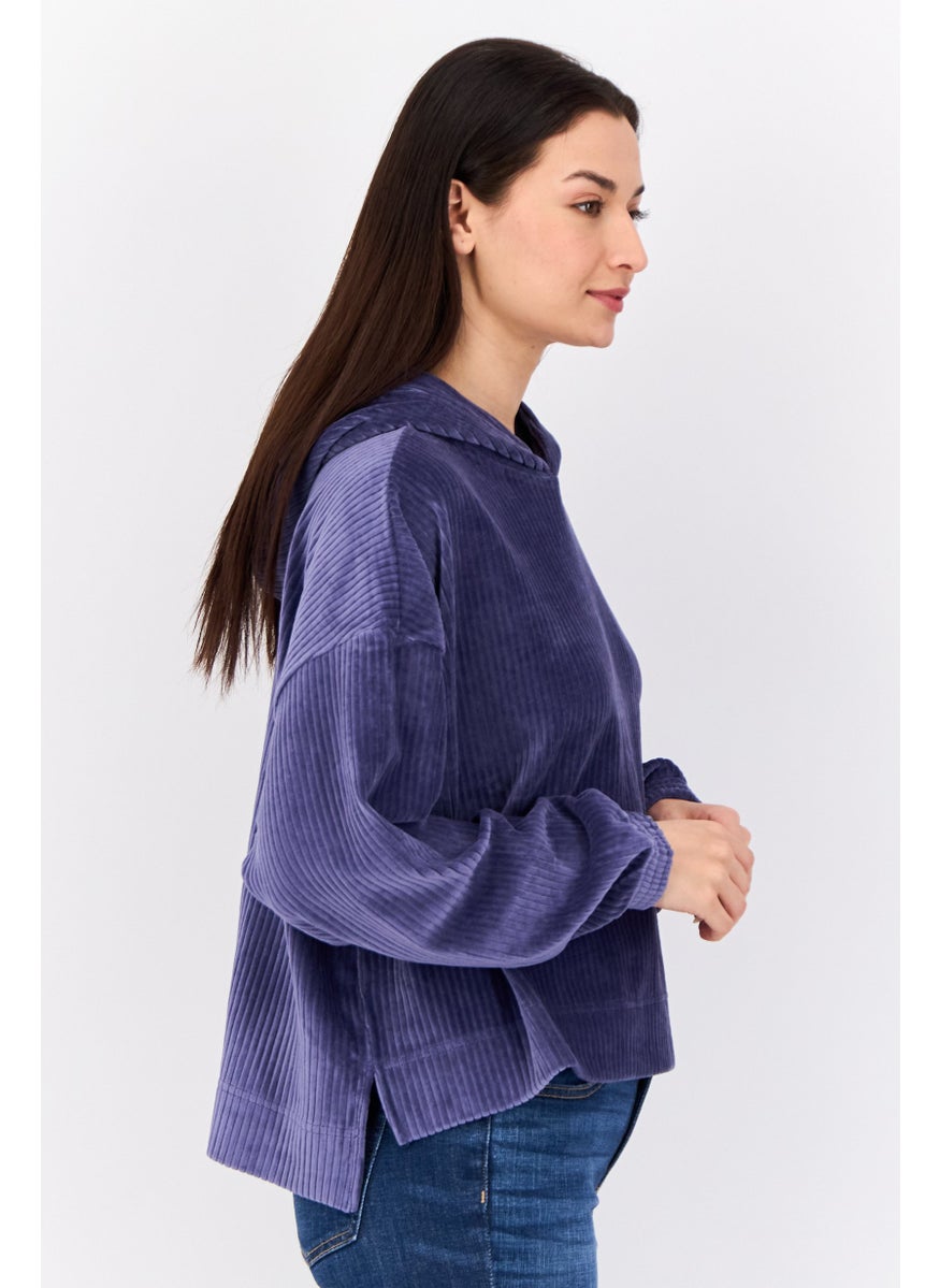 Women Ribbed Long Sleeve Hoodie, Slate Blue