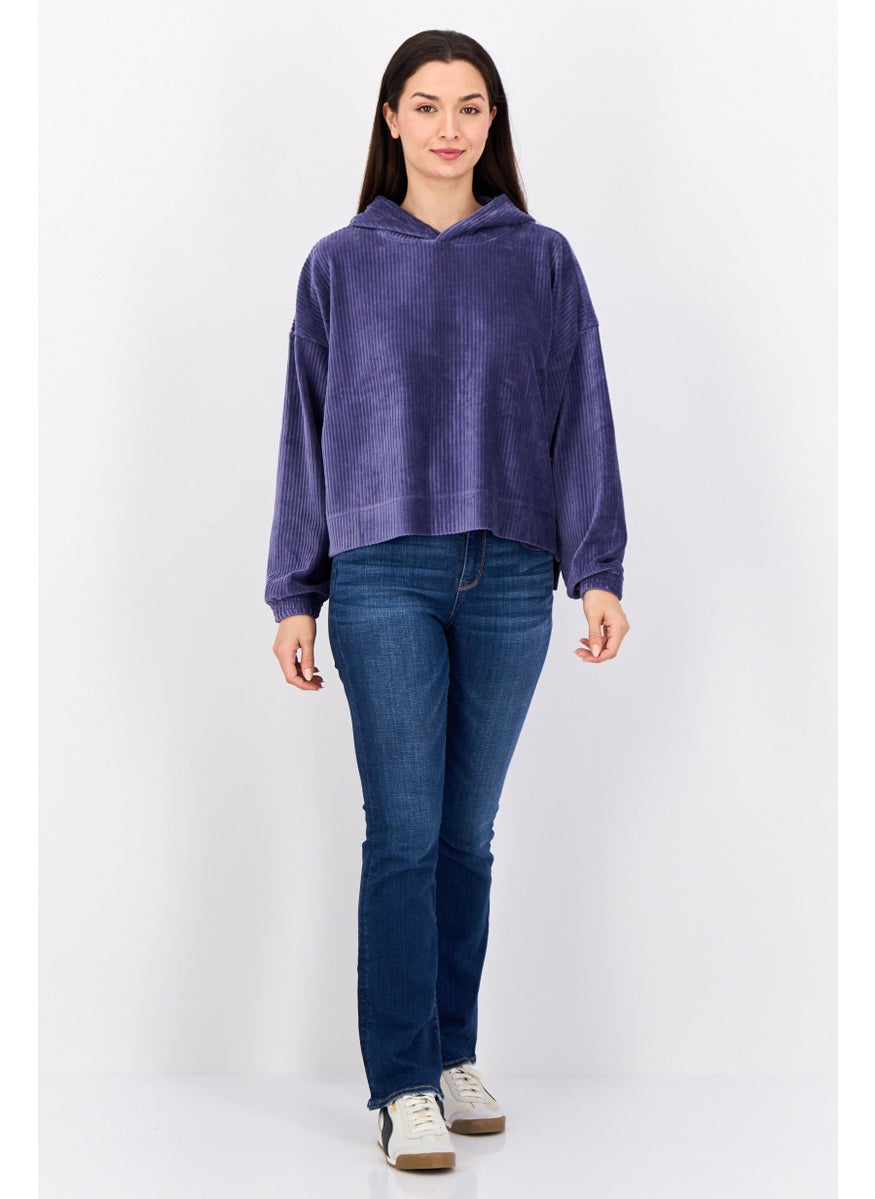 Women Ribbed Long Sleeve Hoodie, Slate Blue