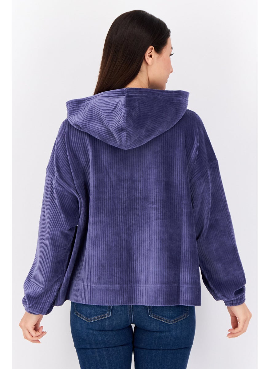 Women Ribbed Long Sleeve Hoodie, Slate Blue