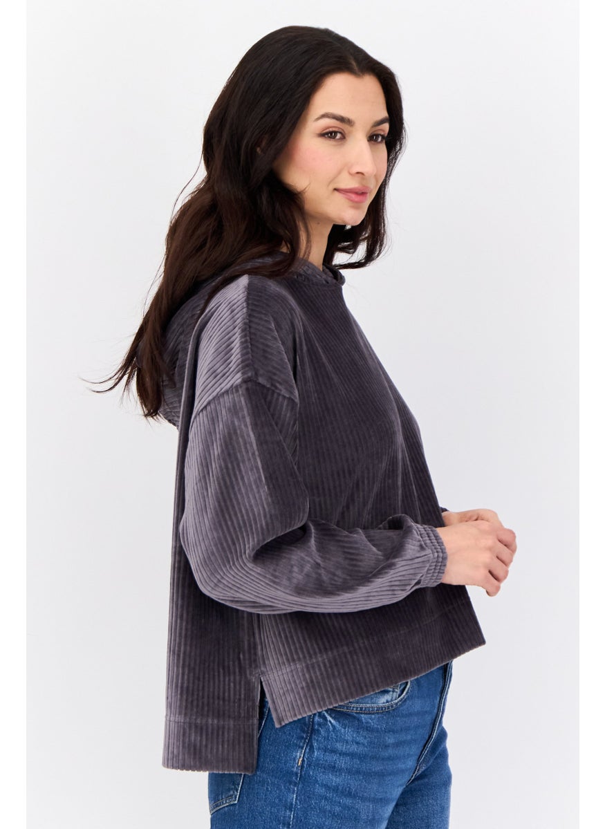Women Textured Long Sleeves Hoodie, Dark Grey